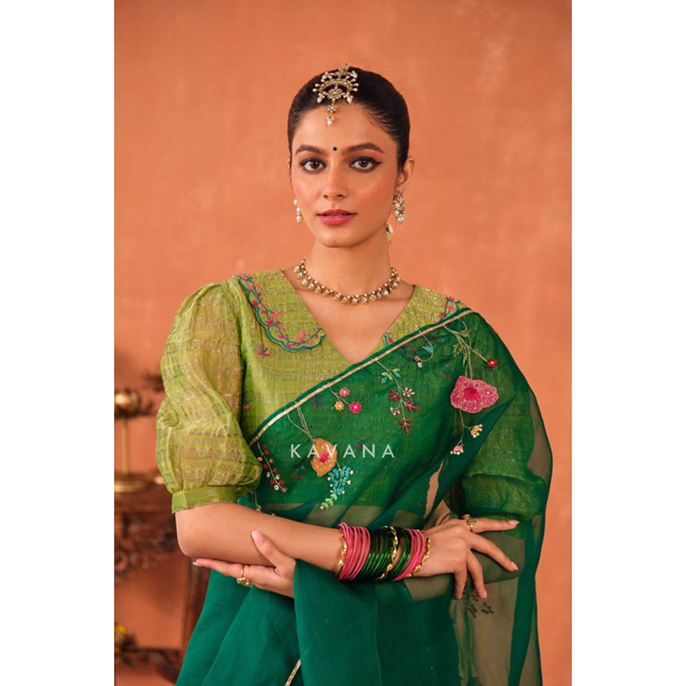 KAVANA Women Embroidered Green Vrinda Silk Organza Saree