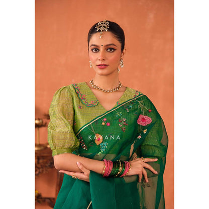 KAVANA Women Embroidered Green Vrinda Silk Organza Saree