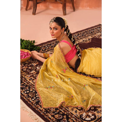 KAVANA Patra Chanderi Yellow Saree