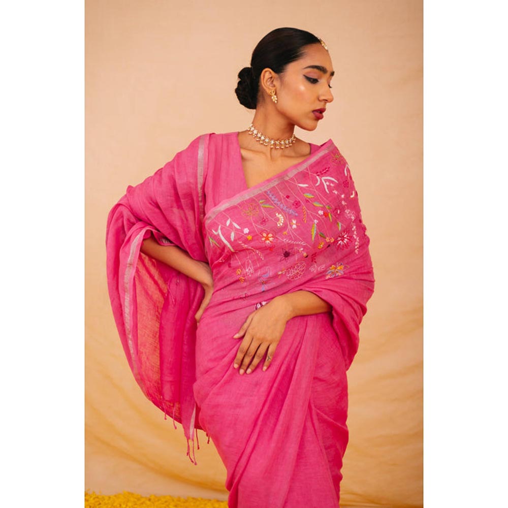 KAVANA Women Embroidered Pink Ruhi Linen Saree