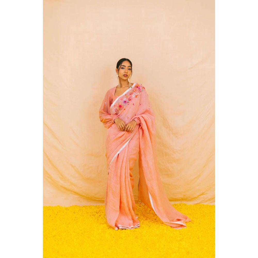KAVANA Women Embroidered Pink Varahi Linen Saree