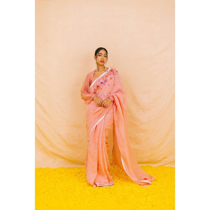 KAVANA Women Embroidered Pink Varahi Linen Saree