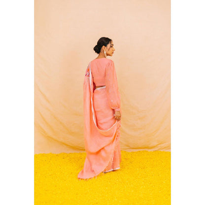 KAVANA Women Embroidered Pink Varahi Linen Saree