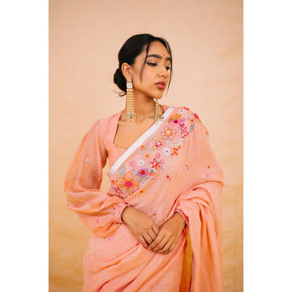 KAVANA Women Embroidered Pink Varahi Linen Saree