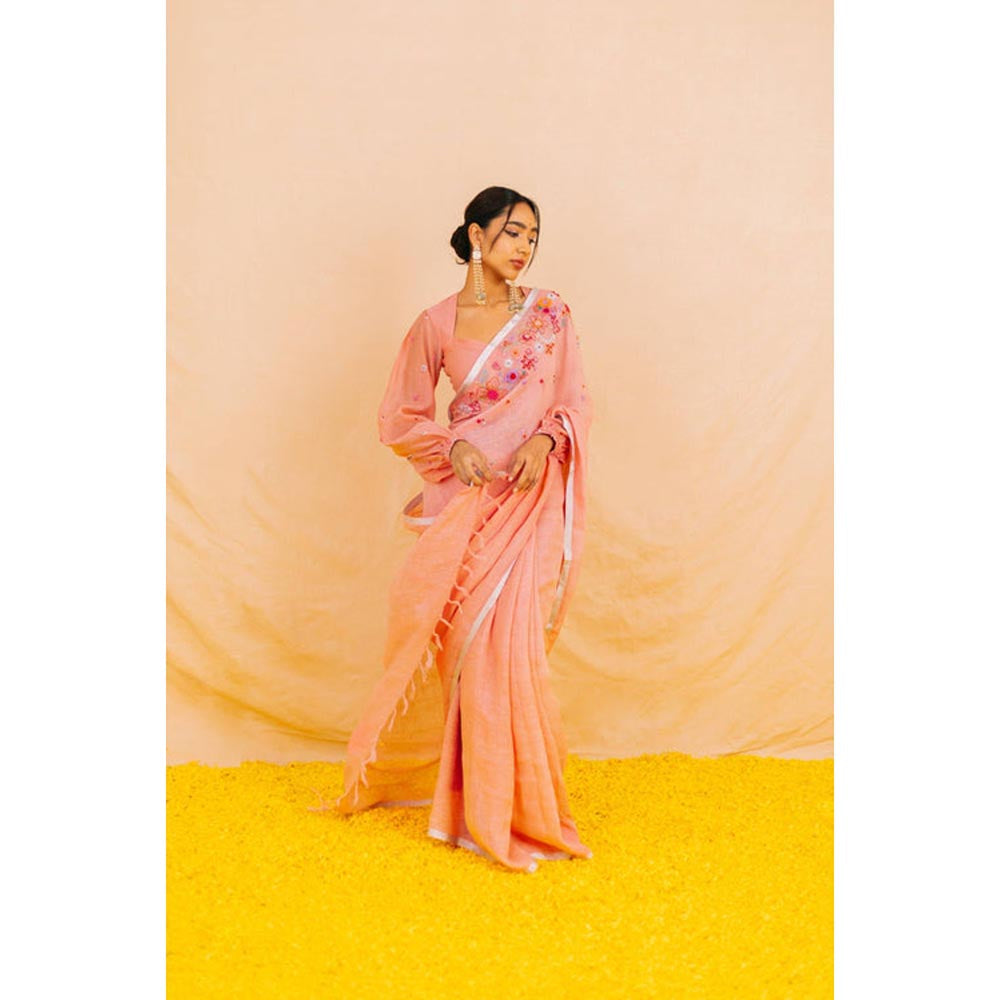 KAVANA Women Embroidered Pink Varahi Linen Saree