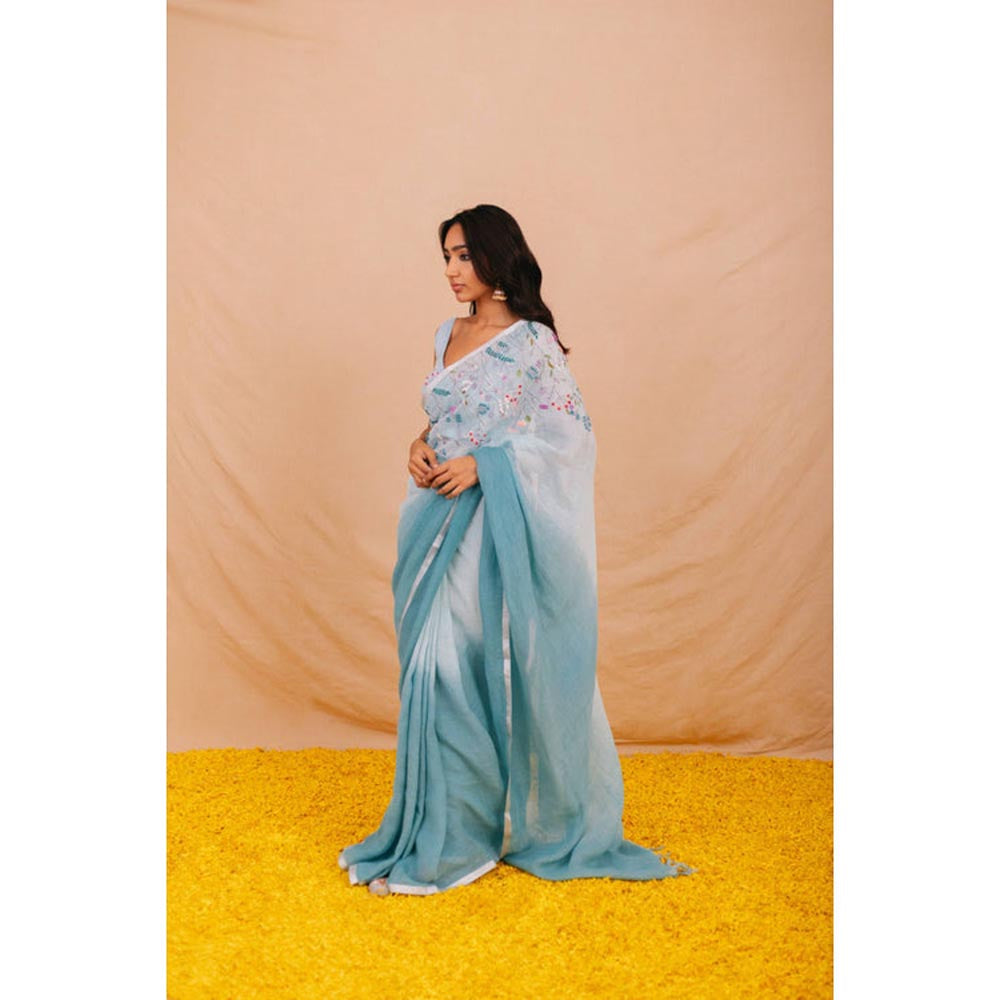 KAVANA Kumud Linen Blue Embroidered Saree