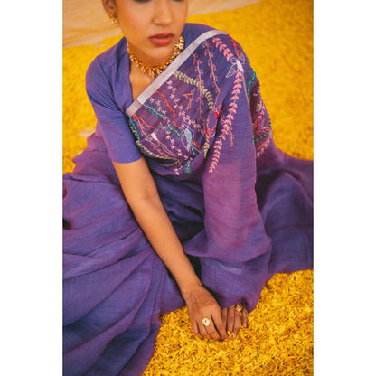 KAVANA Jaya Linen Purple Embroidered Half Sleeves Saree