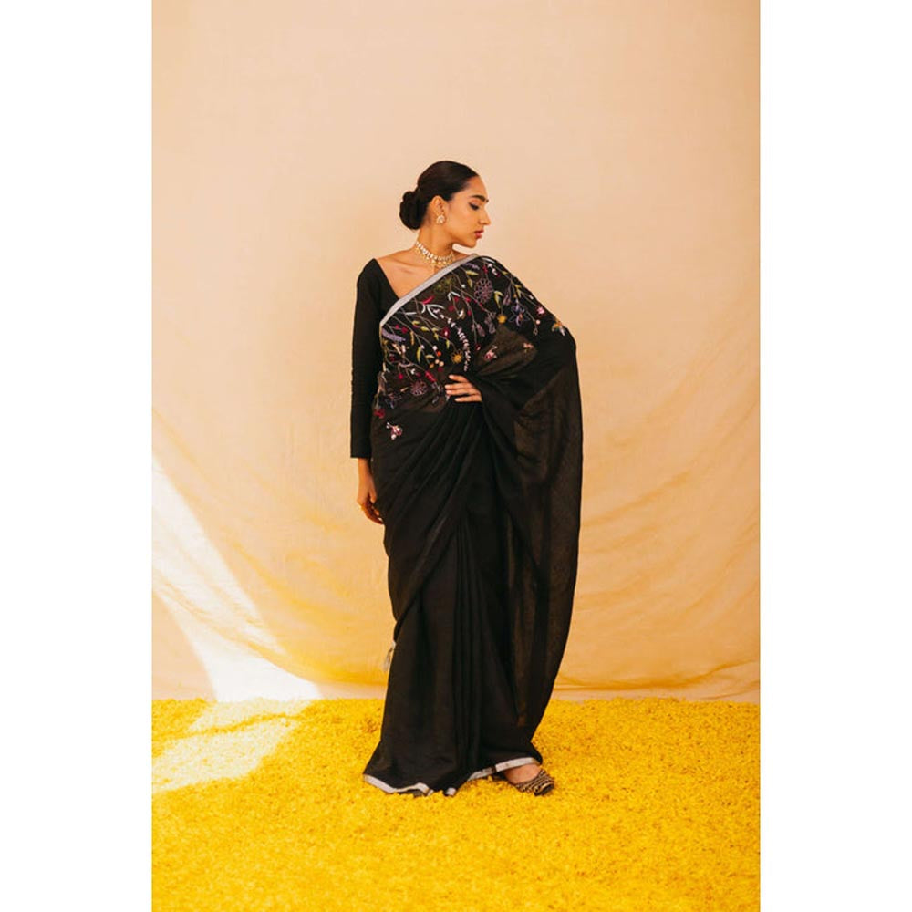 KAVANA Women Embroidered Black Shiuli Linen Saree