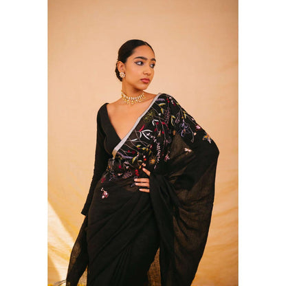 KAVANA Women Embroidered Black Shiuli Linen Saree