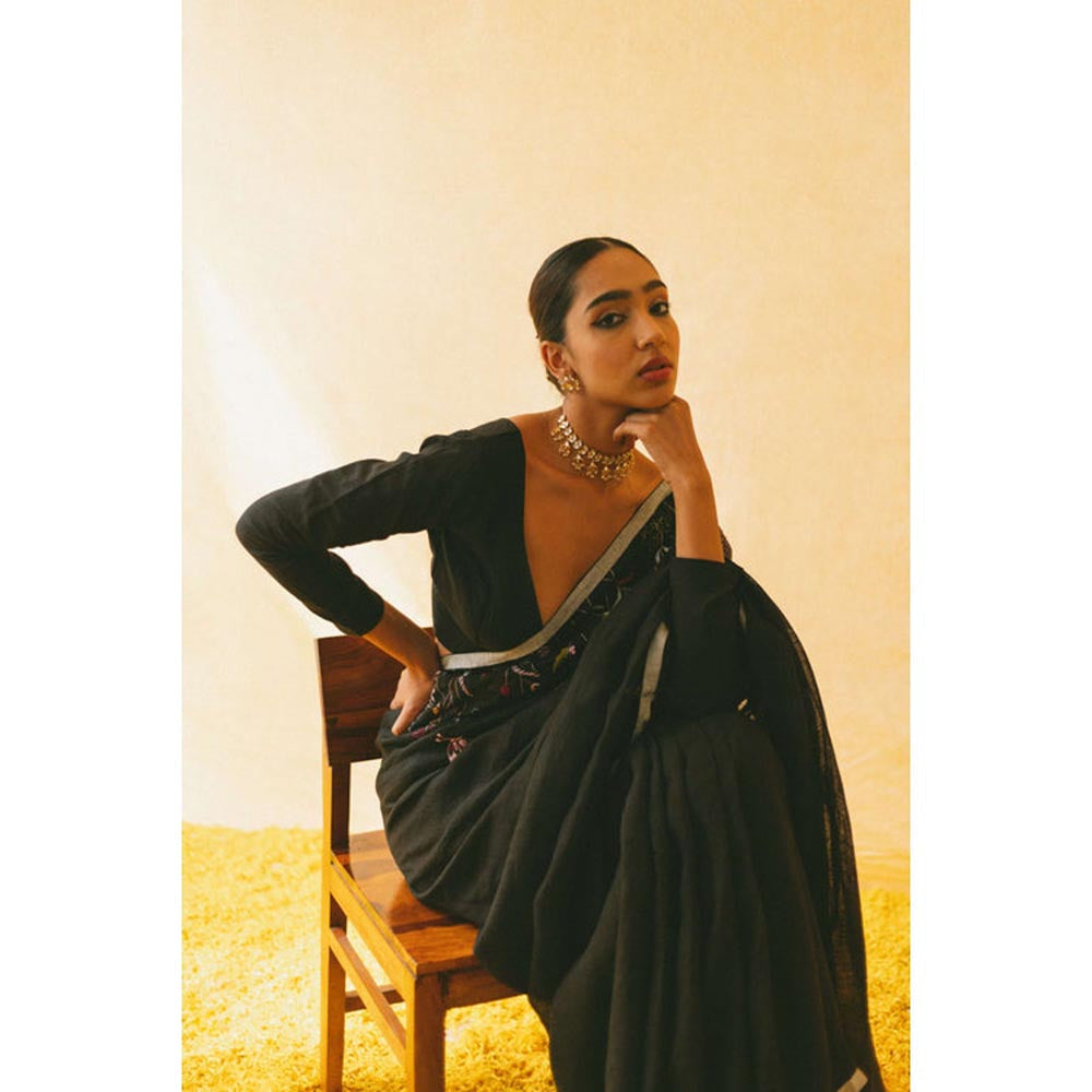 KAVANA Women Embroidered Black Shiuli Linen Saree