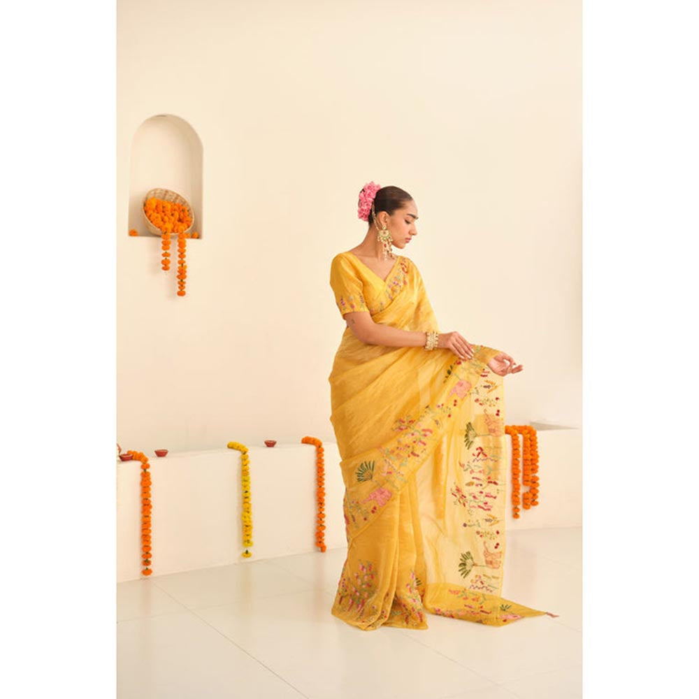 KAVANA Women Embroidered Yellow Sunehri Silk Tissue Saree