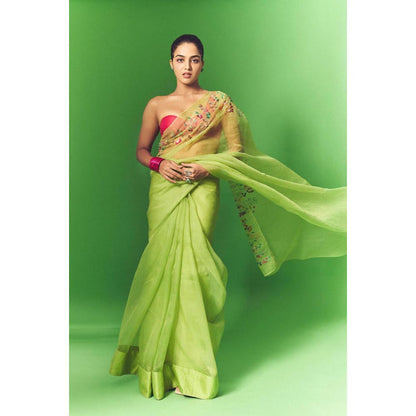 KAVANA Women Embroidered Green Surbhi Silk Organza Saree