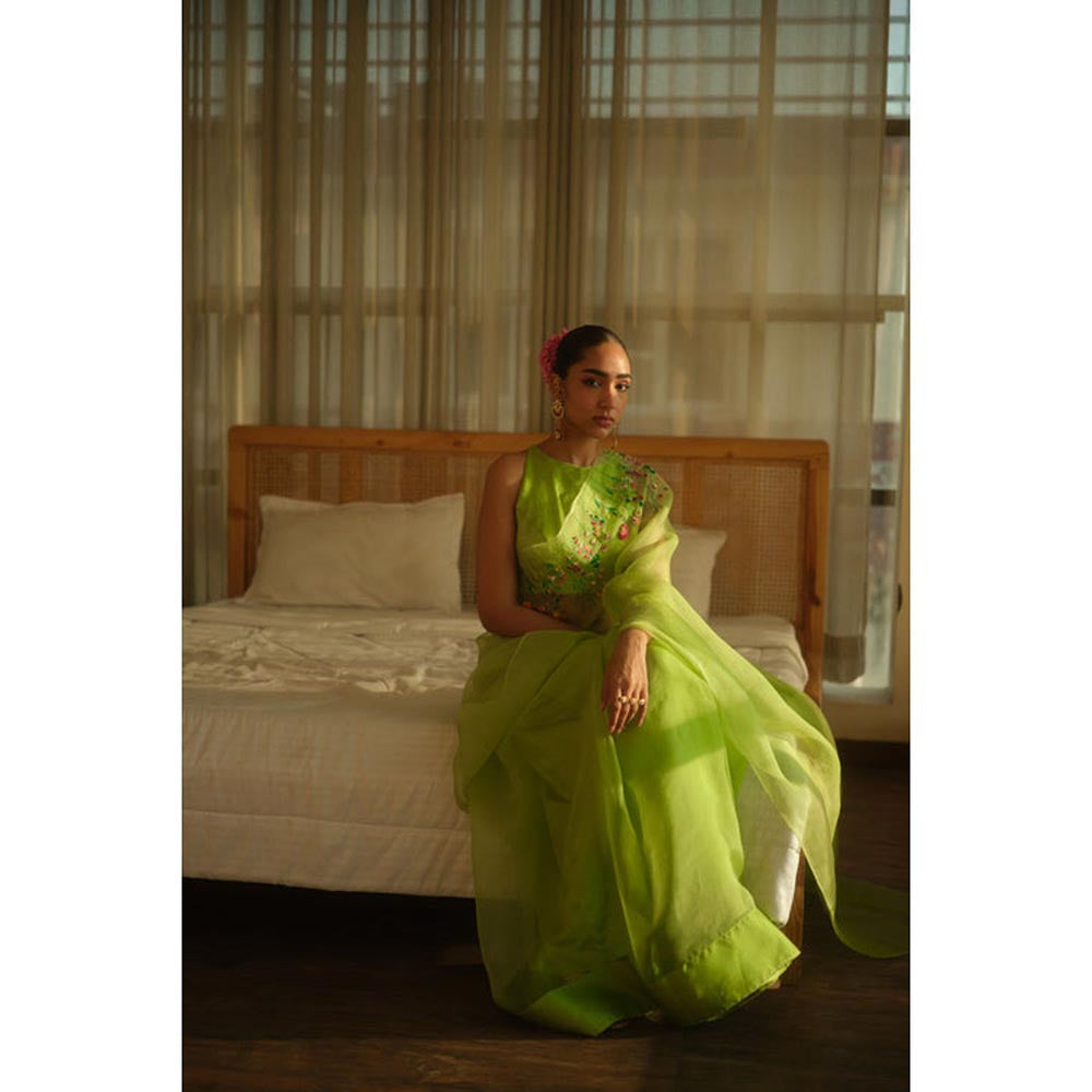 KAVANA Women Embroidered Green Surbhi Silk Organza Saree