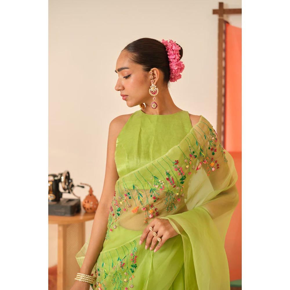 KAVANA Women Embroidered Green Surbhi Silk Organza Saree