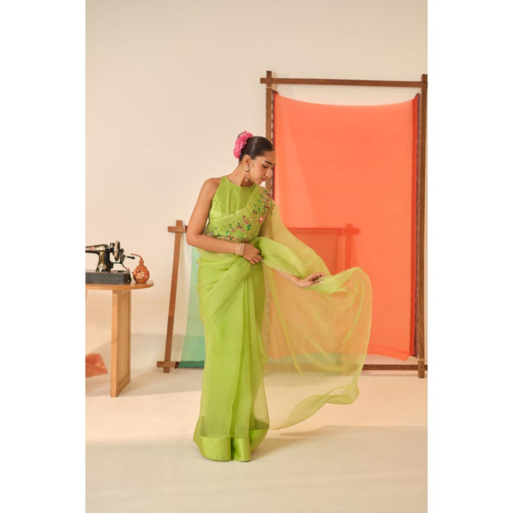 KAVANA Women Embroidered Green Surbhi Silk Organza Saree