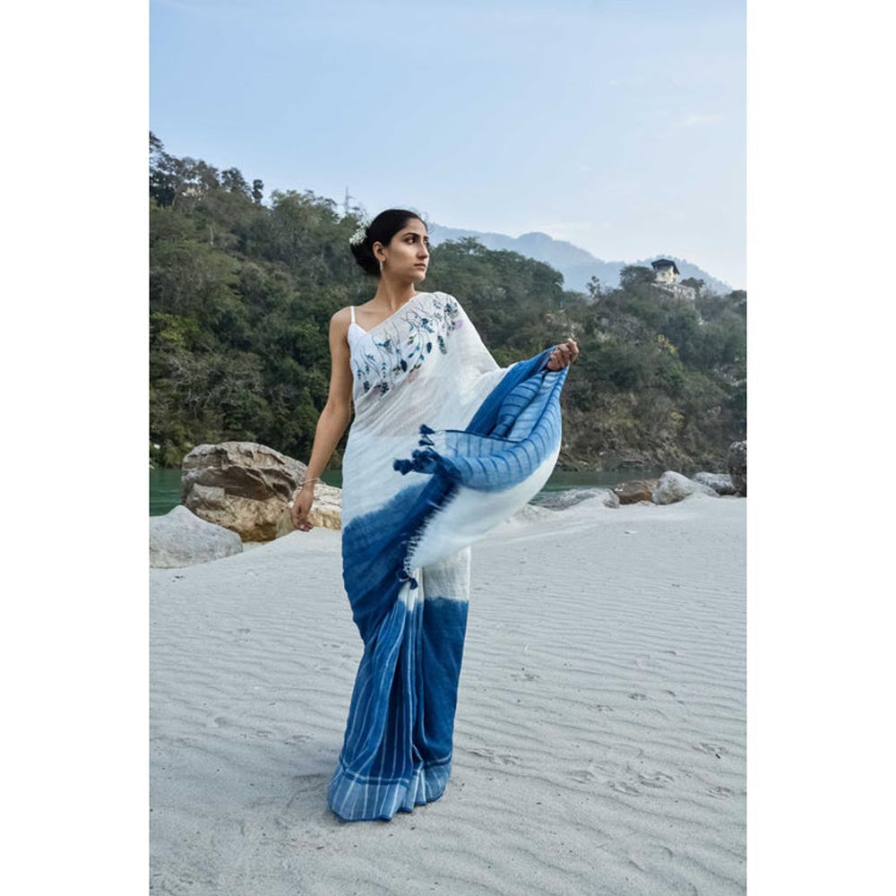 KAVANA Women Embroidered White Amber Linen Saree