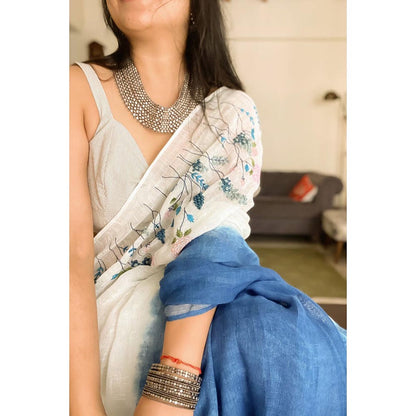 KAVANA Women Embroidered White Amber Linen Saree