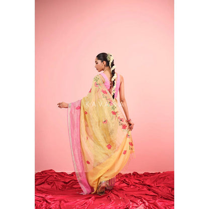 KAVANA Women Floral Yellowrangini Tissue Linen Saree