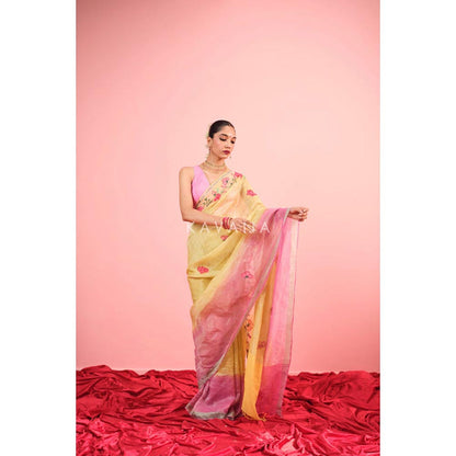 KAVANA Women Floral Yellowrangini Tissue Linen Saree