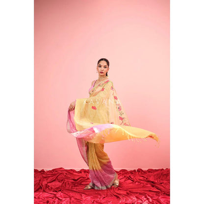 KAVANA Women Floral Yellowrangini Tissue Linen Saree