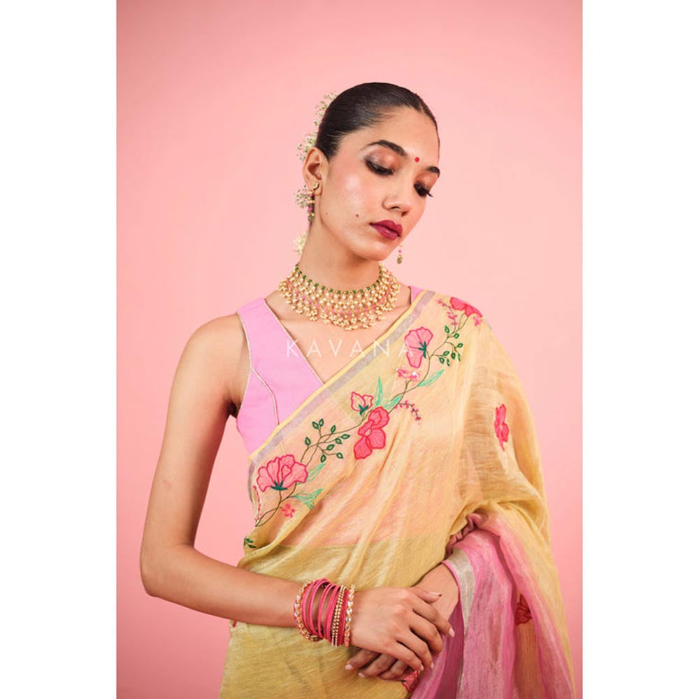 KAVANA Women Floral Yellowrangini Tissue Linen Saree