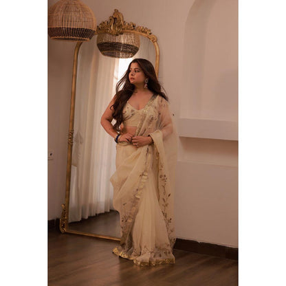 KAVANA Women Embroidered Cream Ruhani Silk Organza Saree
