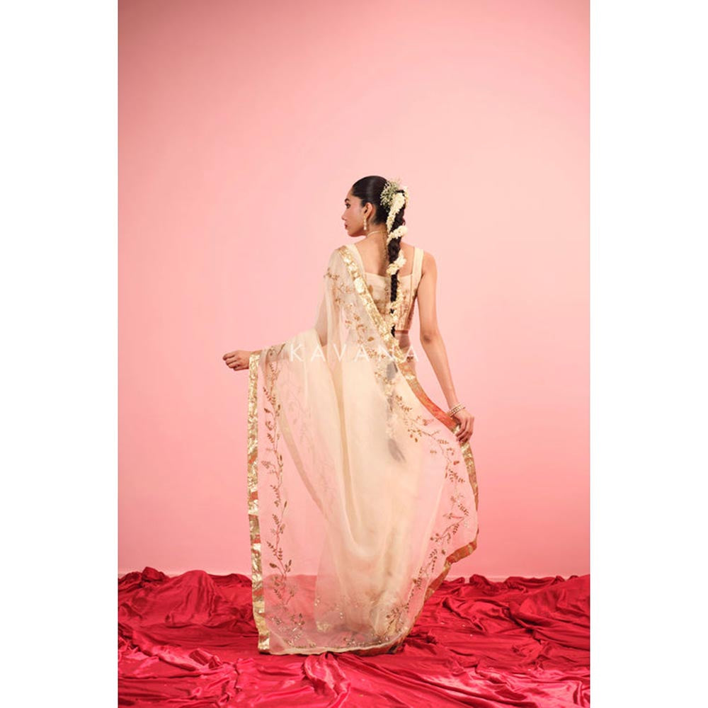 KAVANA Women Embroidered Cream Ruhani Silk Organza Saree