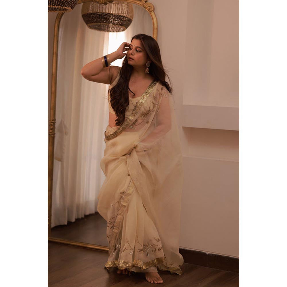 KAVANA Women Embroidered Cream Ruhani Silk Organza Saree