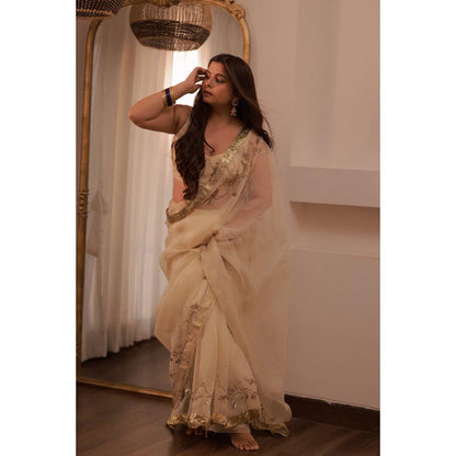 KAVANA Women Embroidered Cream Ruhani Silk Organza Saree