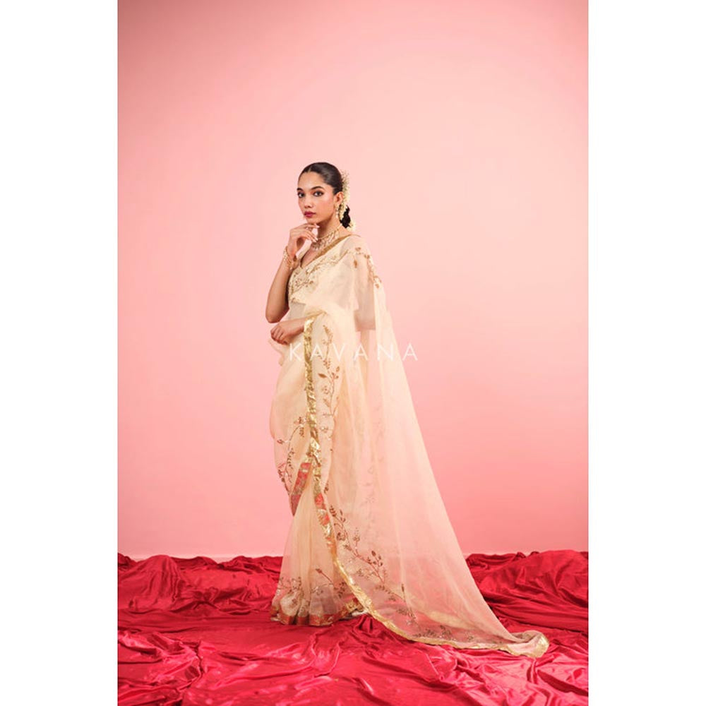 KAVANA Women Embroidered Cream Ruhani Silk Organza Saree