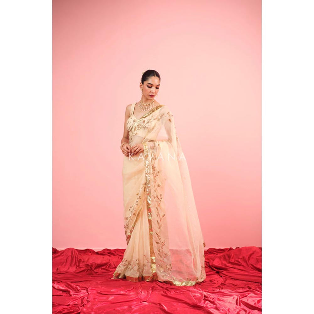 KAVANA Women Embroidered Cream Ruhani Silk Organza Saree