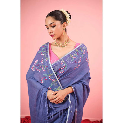 KAVANA Neel Linen Blue Embroidered Saree