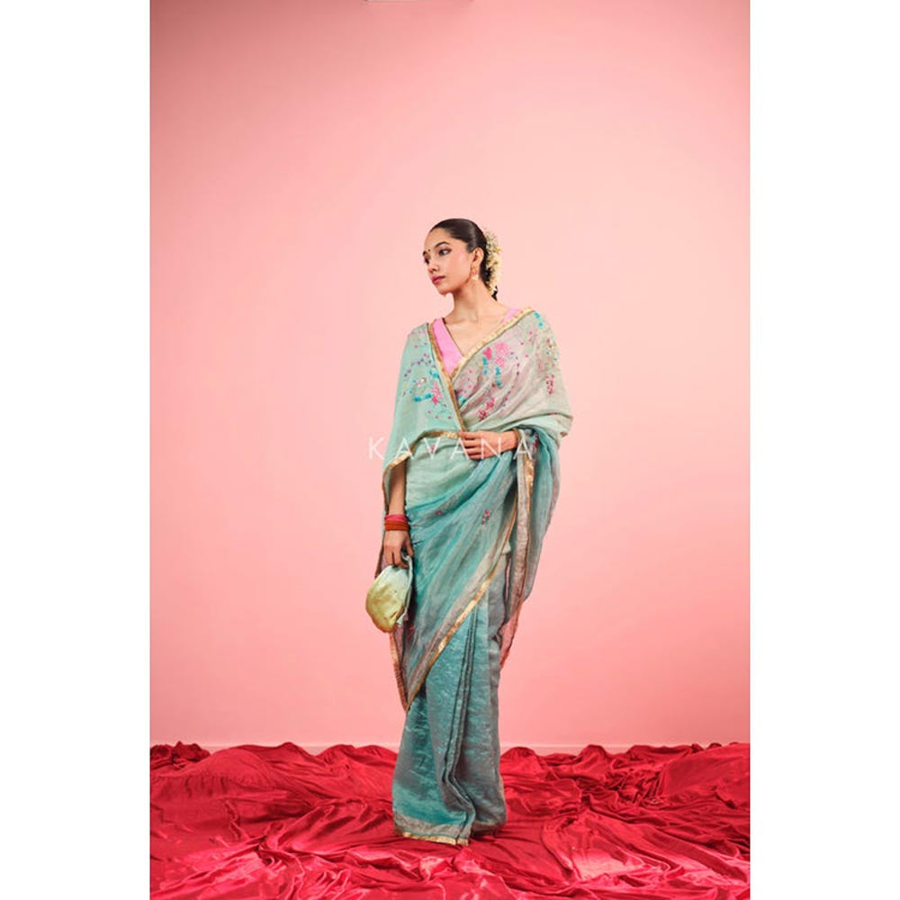KAVANA Neela Aangan Blue Embroidered Tissue Saree