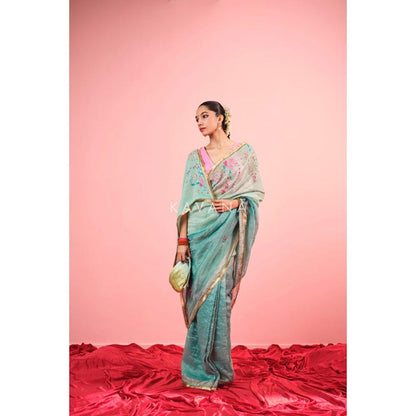 KAVANA Neela Aangan Blue Embroidered Tissue Saree