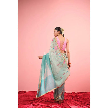 KAVANA Neela Aangan Blue Embroidered Tissue Saree