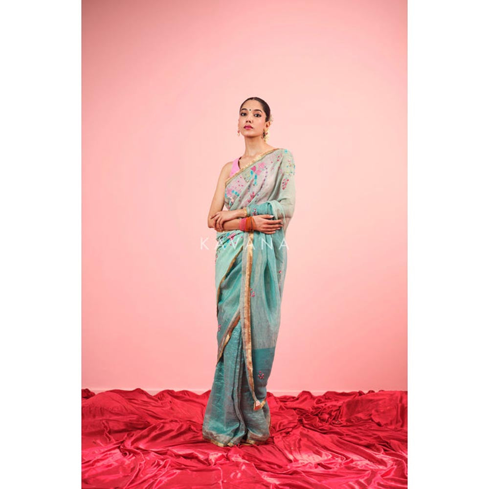 KAVANA Neela Aangan Blue Embroidered Tissue Saree