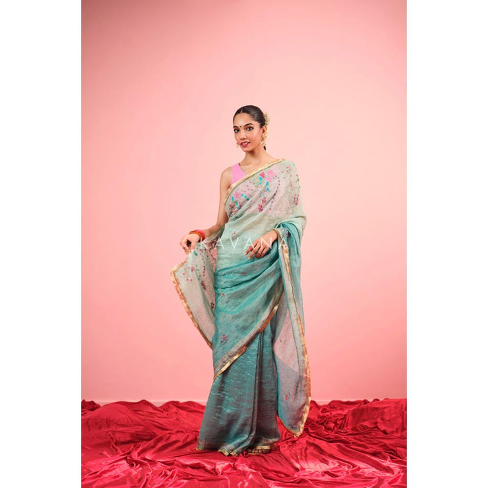 KAVANA Neela Aangan Blue Embroidered Tissue Saree