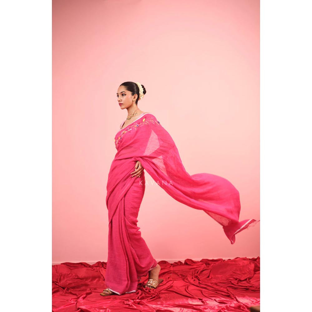 KAVANA Women Floral Pinkravya Linen Saree