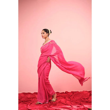 KAVANA Women Floral Pinkravya Linen Saree
