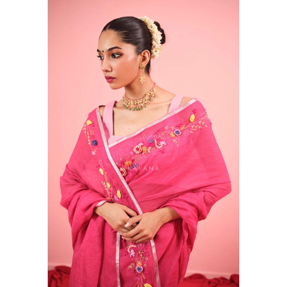 KAVANA Women Floral Pinkravya Linen Saree