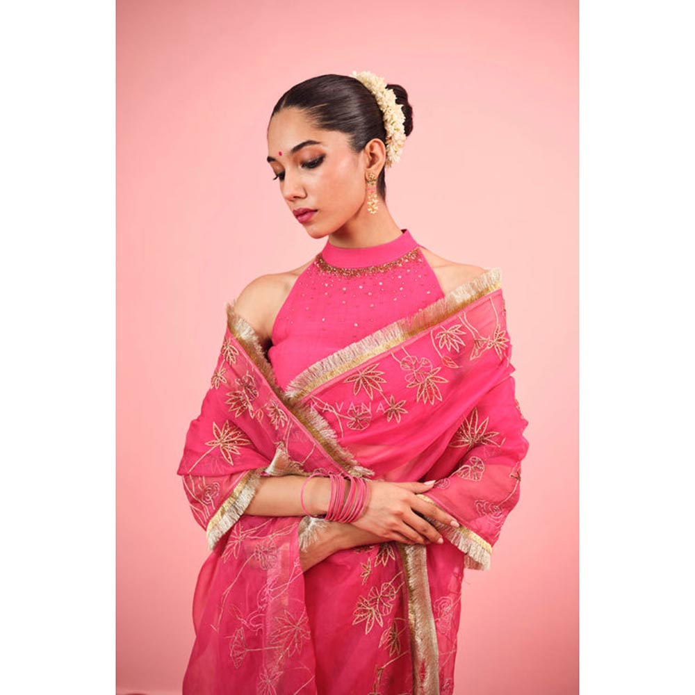 KAVANA Pink Flamingo Pink Silk Organza Saree