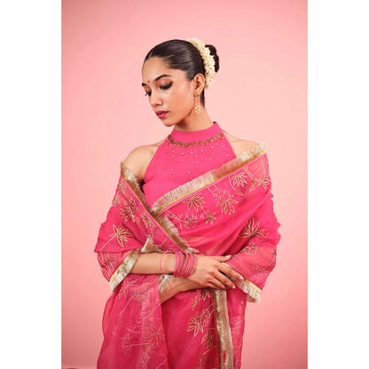 KAVANA Pink Flamingo Pink Silk Organza Saree