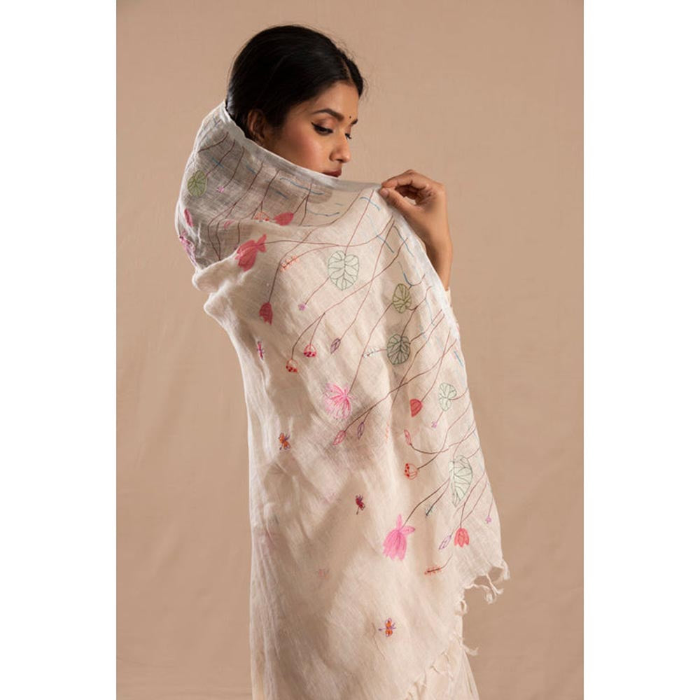 KAVANA Nilofar Cream Linen Embroidered Saree