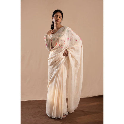 KAVANA Nilofar Cream Linen Embroidered Saree