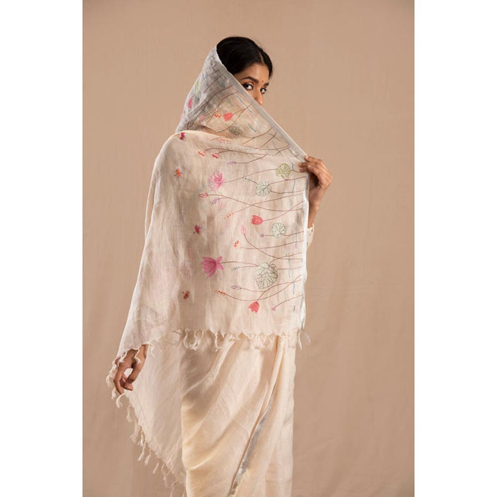 KAVANA Nilofar Cream Linen Embroidered Saree