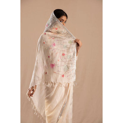 KAVANA Nilofar Cream Linen Embroidered Saree