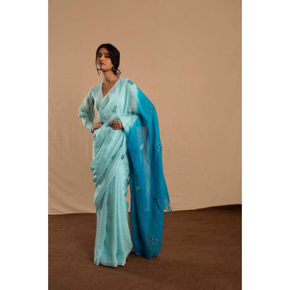 KAVANA Leher Blue Embroidered Linen Saree