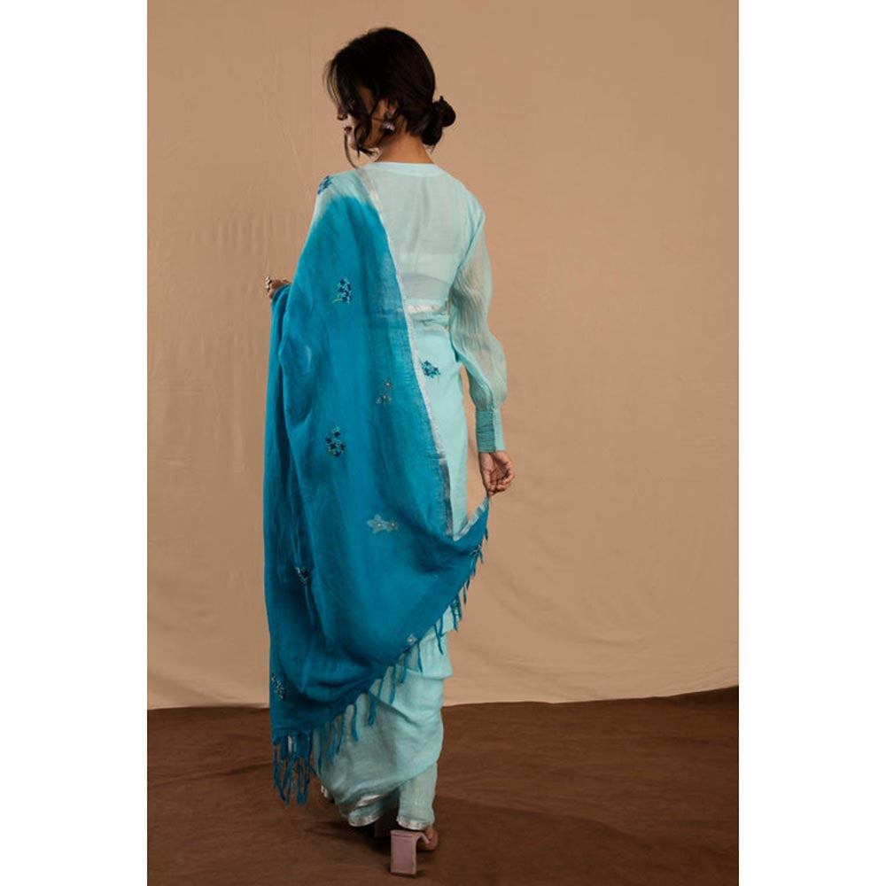 KAVANA Leher Blue Embroidered Linen Saree