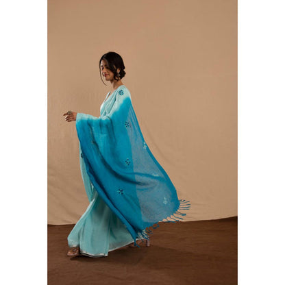 KAVANA Leher Blue Embroidered Linen Saree