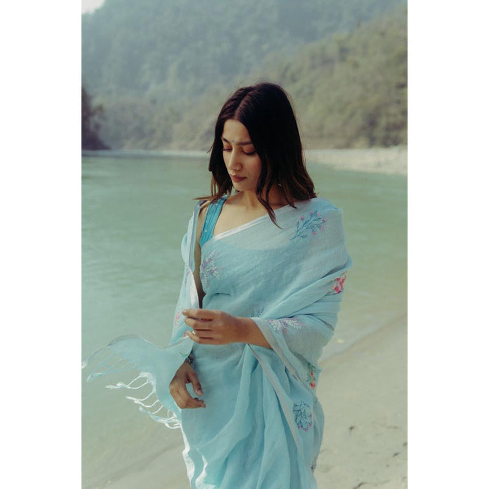 KAVANA Neel Gagan Blue Linen Saree